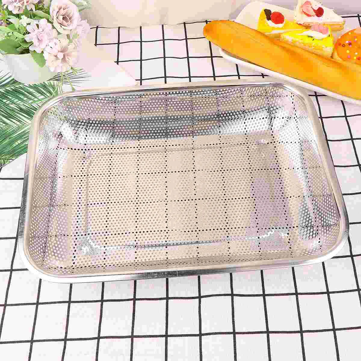 

Rectangle Stainless Steel Drain Basket Rice Sieve Fruit and Vegetable Basket Multi-purpose Drain Basket for Kitchen (Silver)