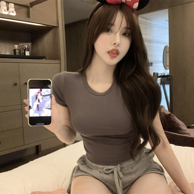 Szexi póló női nyári vékony póló női, egyszínű, rövid ujjú koreai Kpop vékony O-nyakú póló női ruhák Top943_voghion.com