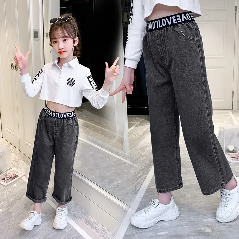 

Girls Jeans Spring Autumn Denim for Baby Kids Wide Leg Pants Children Outwear Long Trousers Teenagers Elastic High Waist Clothin