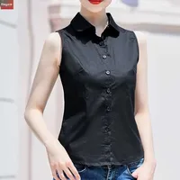 Polo sans manches blanc en coton, col rond, style décontracté, chemise de base tendance pour femme, version coréenne, coupe ajustée, OL 2