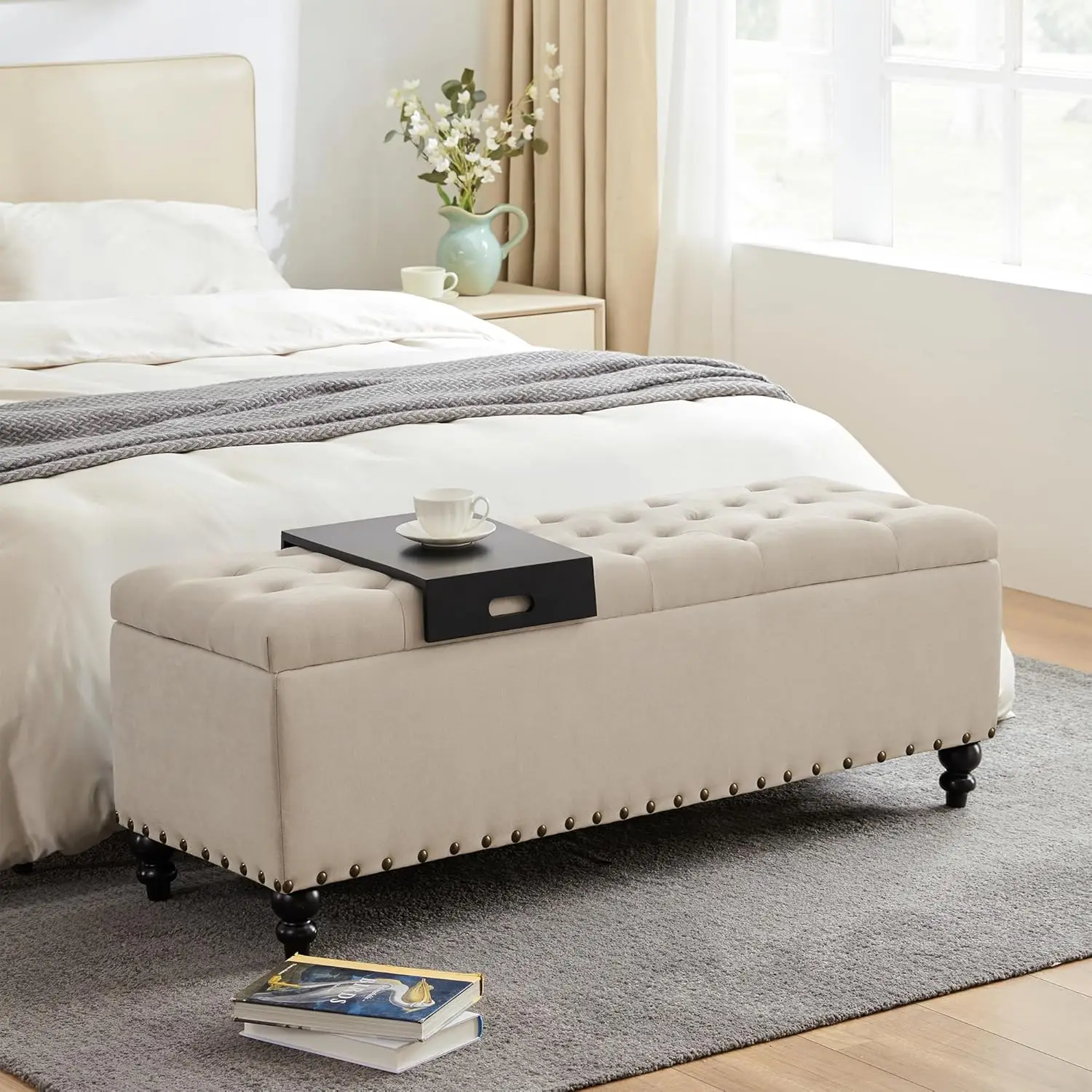 51-inch Storage Ottoman Bench with Removable Tray, Bedroom Bench with Button-Tufted, Safety Hinge Ottoman in Upholstered Fabrics