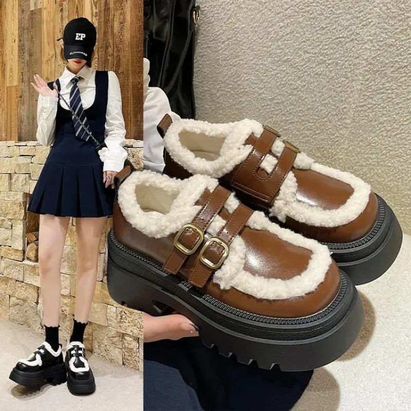 Ankle Flats Platform Fur Loafers Women Shoes Short Plush Warm Casual Boots 2024 Winter New Trend Fashion English Style comfort