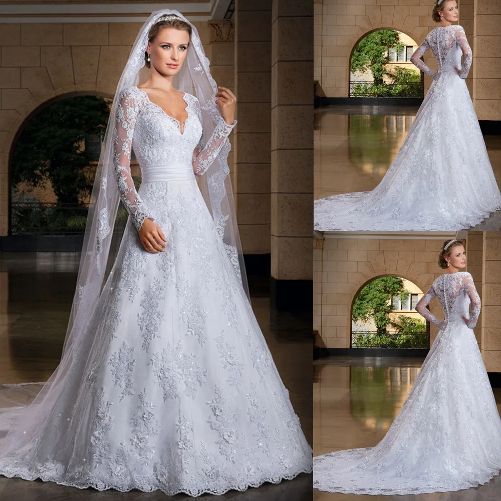 

vestido de noiva 2018 sexy see through back lace appliques bridal gown with sleeves v neck casamento mother of the bride dresses