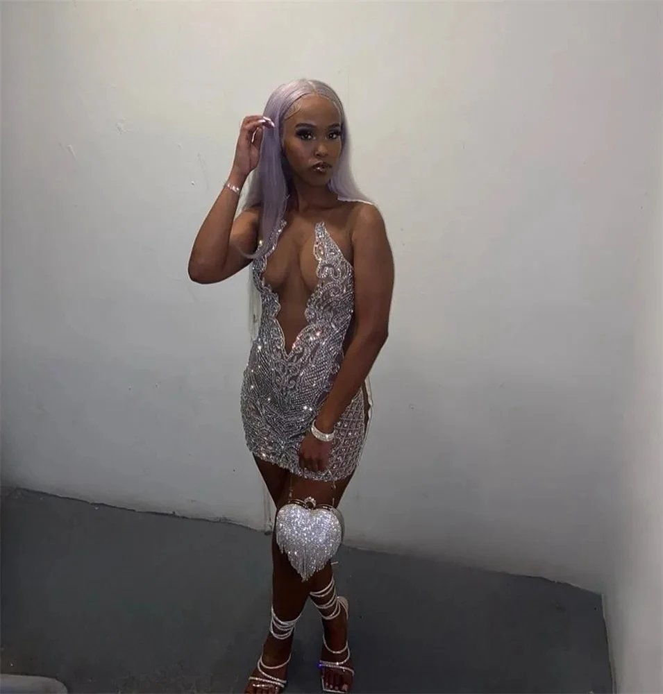 

Silver Sheer Crystals Short Prom Dresses For Black Girls Sexy Beaded Women African Cocktail Dresses Birthday Party Homecoming