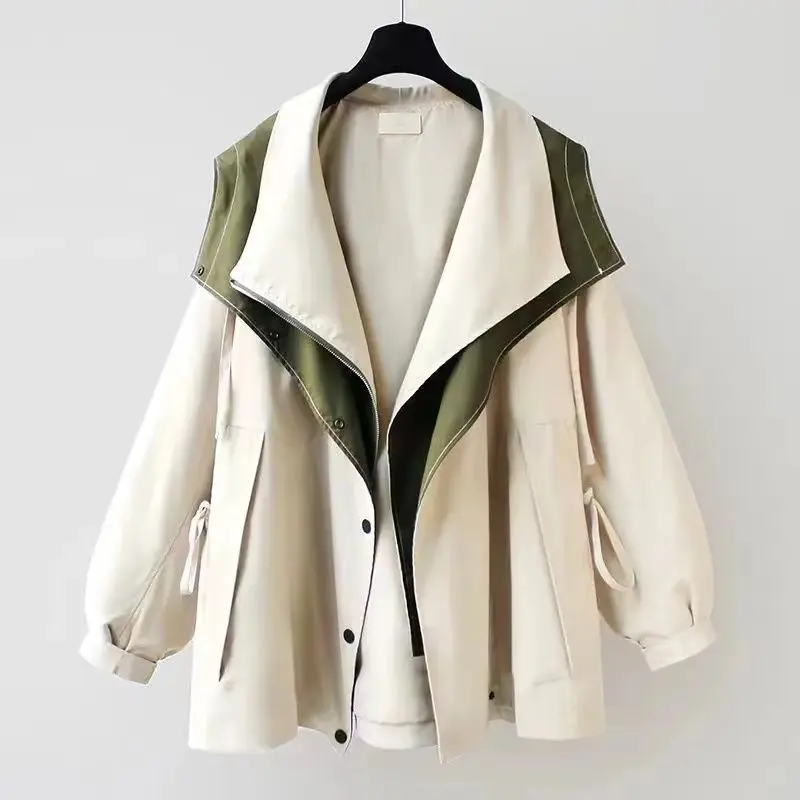 Autumn Chic Women's Windbreaker Contrast Fake Two-Piece Zip Button Wind Coat Belt Hoodie Casual All-Match Trend Outwear Jacket 2
