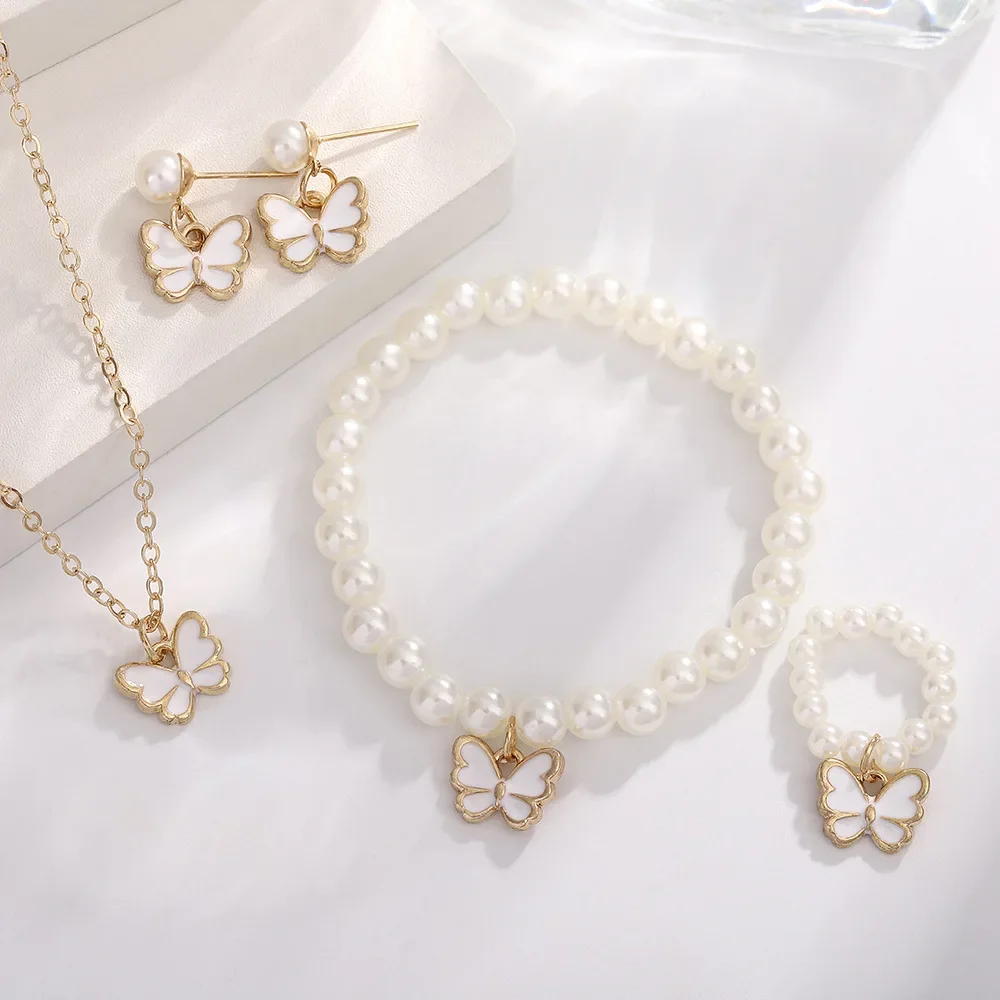 Jewelry Sets 4pcs/Set Butterfly Pendant Imitation Pearl Necklace Bracelet Earring Set For Women Girls