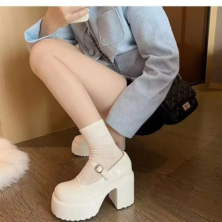 Chunky Platform High Heels Pumps Women  Autumn Pu Leather Ankle Buckle Mary Jane Shoes Woman Thick Heeled White Lolita Shoes