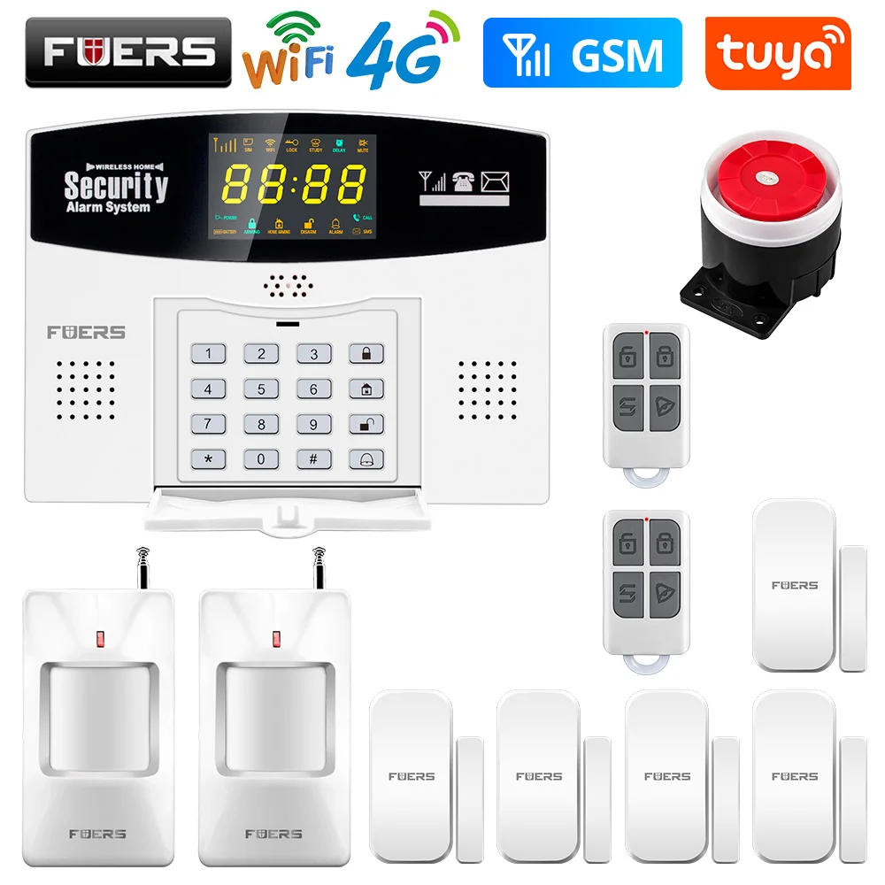 

Fuers 4G WIFI Tuya Smart Alarm System W214 Wireless Burglar GSM Smart Home Security Alarm Control LCD Display IP Camera
