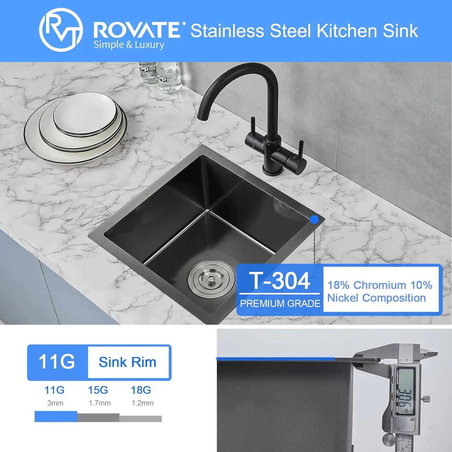 ROVATE 15x15 inch Black Bar Sink Undermount Black Nano Kitchen Sink Single Bowl T-304 Stainless Steel Sink with  Basket Strainer 5