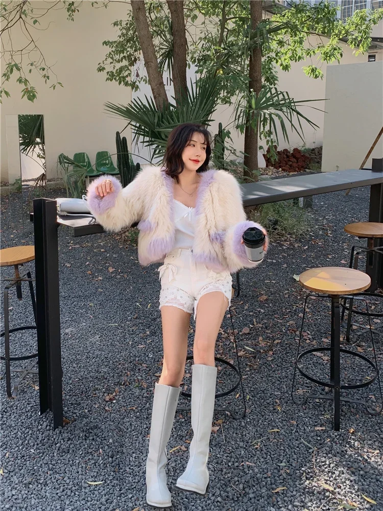 Two-sided Fox Fur Woven Coat Lady Short Young Knitted High Street Thick Warm Fur Fluffy Jacket Women Color  Contrast Outerwear