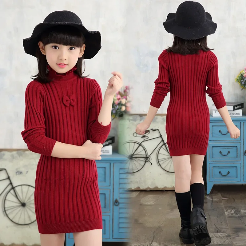 

Winter sweater Dress for Girls knitting Dress Teenager Girls Clothing Long Sleeve Fall Clothes Slim Pleated A-line Dress 4-14 y