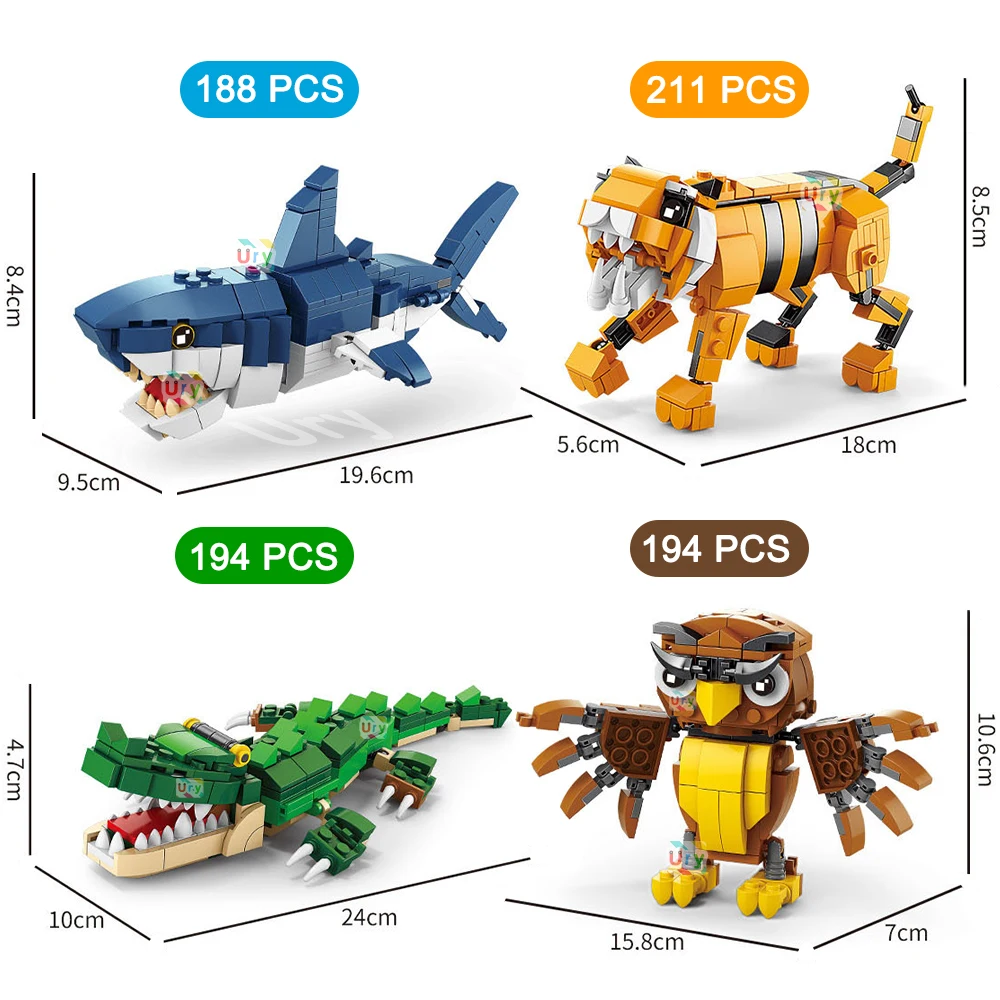 Moc 해양 해양 물고기 3in1 동물 상어 호랑이 올빼미 악어 모델 세트 빌딩 블록 Diy 어린이 아이 선물을위한 장난감을 조립