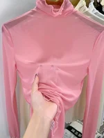 Sexy Semi-Transparent Lace Base irt Women's Thin High Collar Autumn Spring Slim Fit Me Underwear Top Korean Sle T-irt