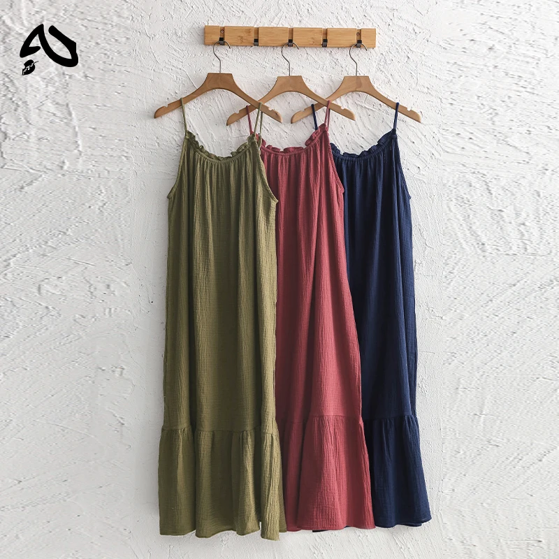 Original Muslin 100% Cotton Gauze Long Dresses For Women Adjustable Strap Sleeveless Ruched Holiday Boho Sundress Maxi Dress