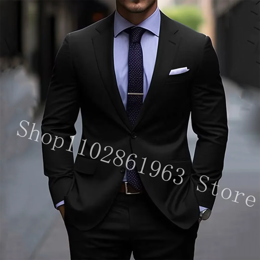 Black Formal Men Suit Elegant 2 Pieces Suit Blazer Notched Lapel Two Buttons Groom Tuexdo For Wedding Jacket Pants Costume Homme
