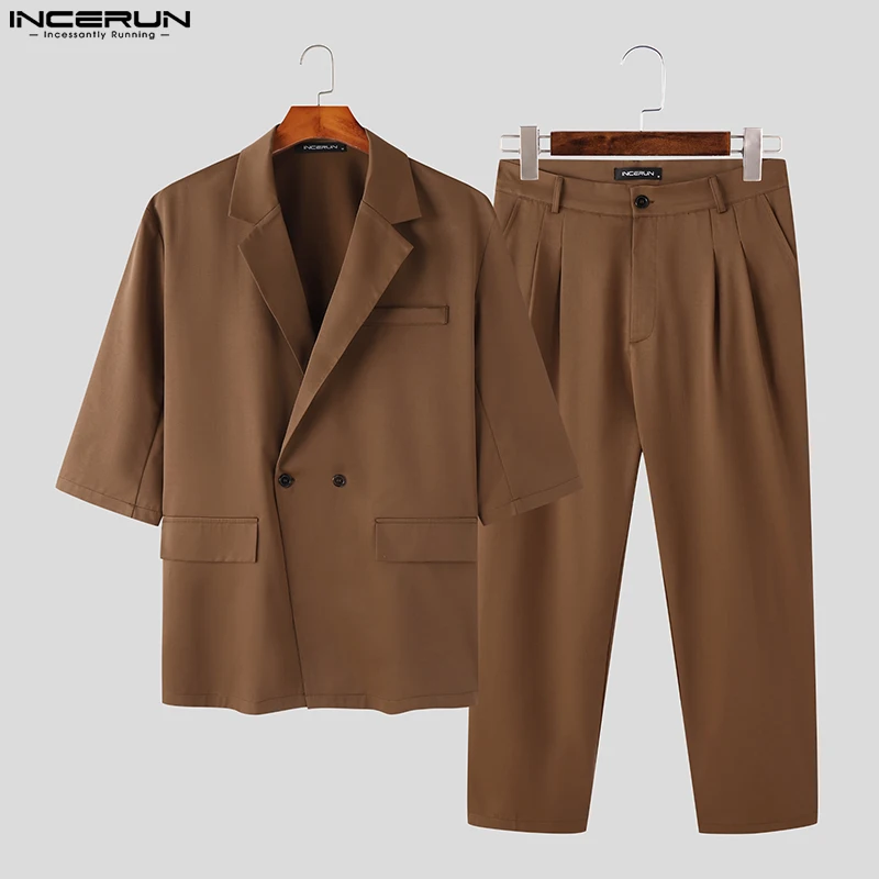 INCERUN 2023 Korean Style New Men's Short Sleeve Suits Long Pants Sets Fashion Casual Male Solid All-match Two Piece Sets S-5XL