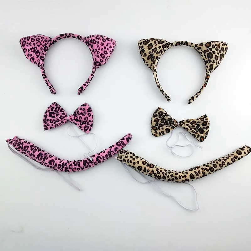 

Party Cat Leopard Ears Headband Bow Tie Tail Headpiece Animal Hair Bands Plush Birthday Headwear Halloween Costume Cosplay