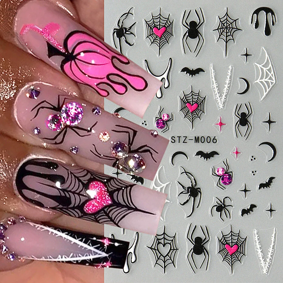 Halloween Nagelsticker Selbstklebend – Gold & Silber Spinnennetz, Herz, 3D-Spinnen, 4 Blätter