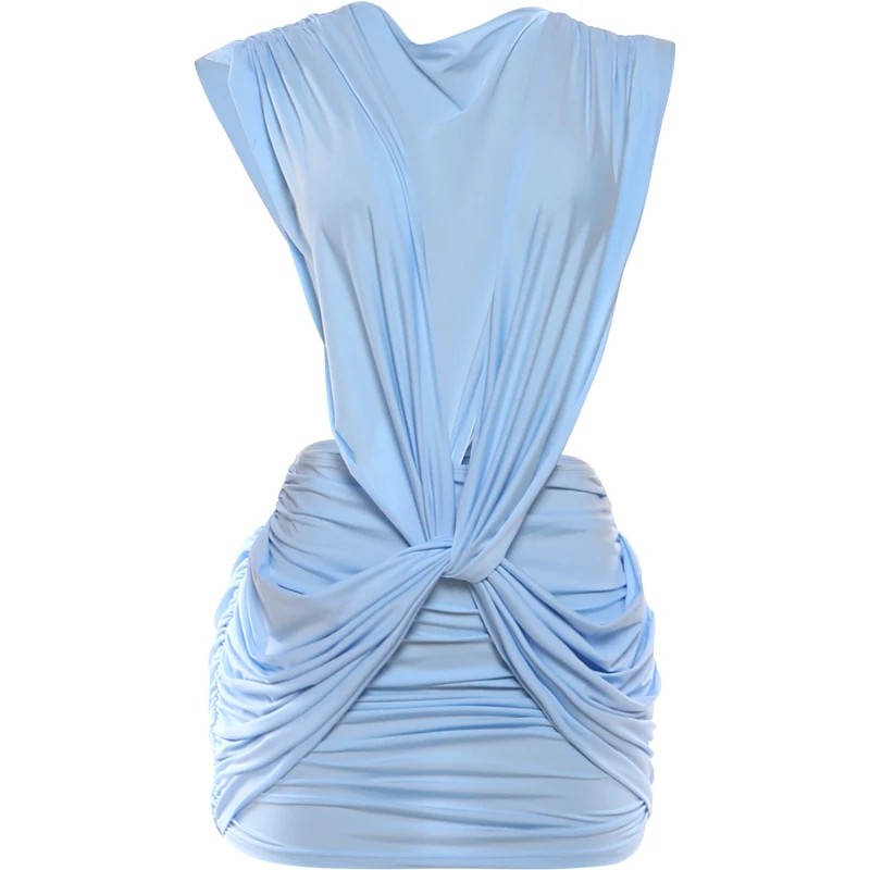Nibber Folds Kleid für Damen, tiefer V-Ausschnitt, ärmellos, einfarbig, Sommertrend, eng anliegend, taillenfrei, Stretch, Strandparty, Mini-Bodycon – Detail 2