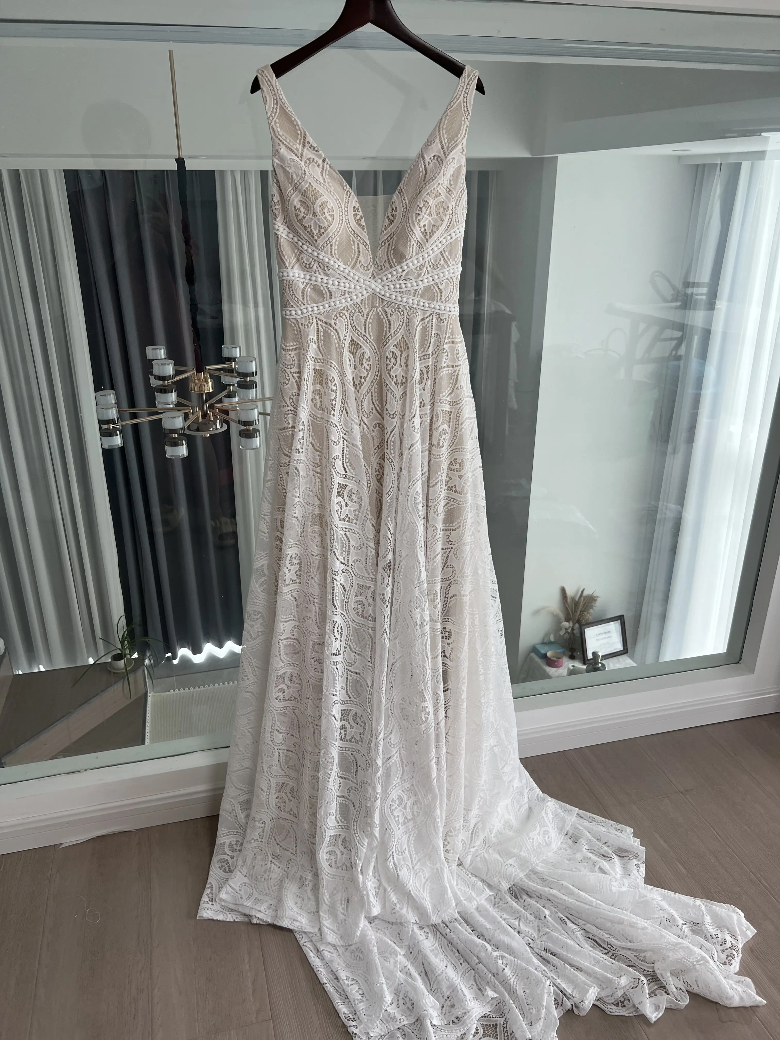 Mryarce 2022 Trending Detachable Statement Sleeves Plunging Neck Open Back Lace Wedding Dress Bridal Gowns 6
