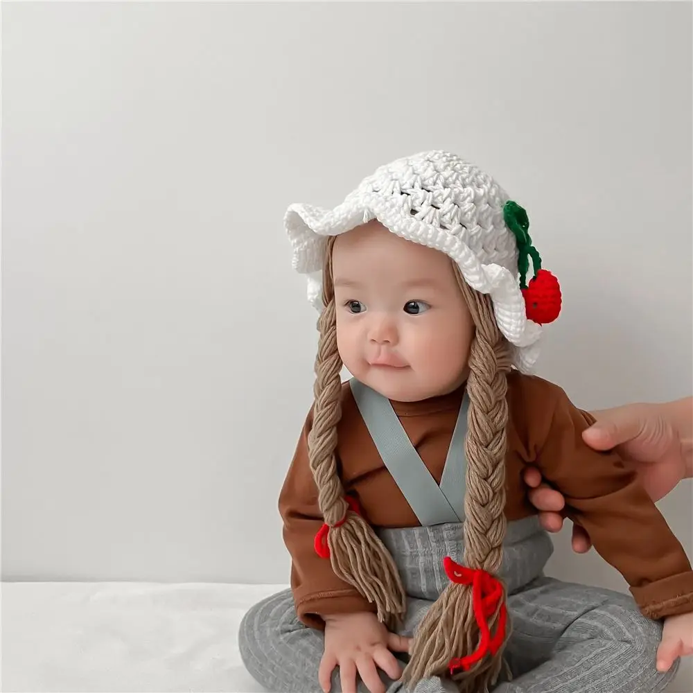 Fashion Cartoon Wig Knitted Hat Cherry Bow Baby Beanie Cap Wool Crochet Kids Warm Hats Outdoor