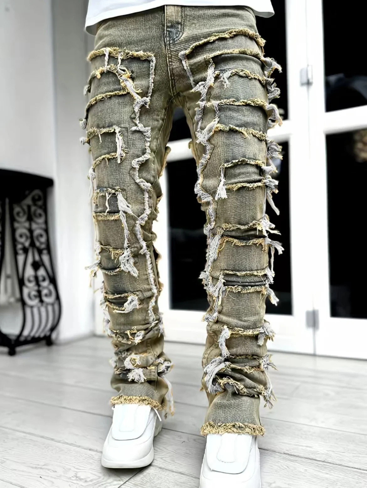 Man Stacked Jeans Elastic Waist Straight Fit Patchworks Denim Long Pants Fringe Ripped Jeans For Men