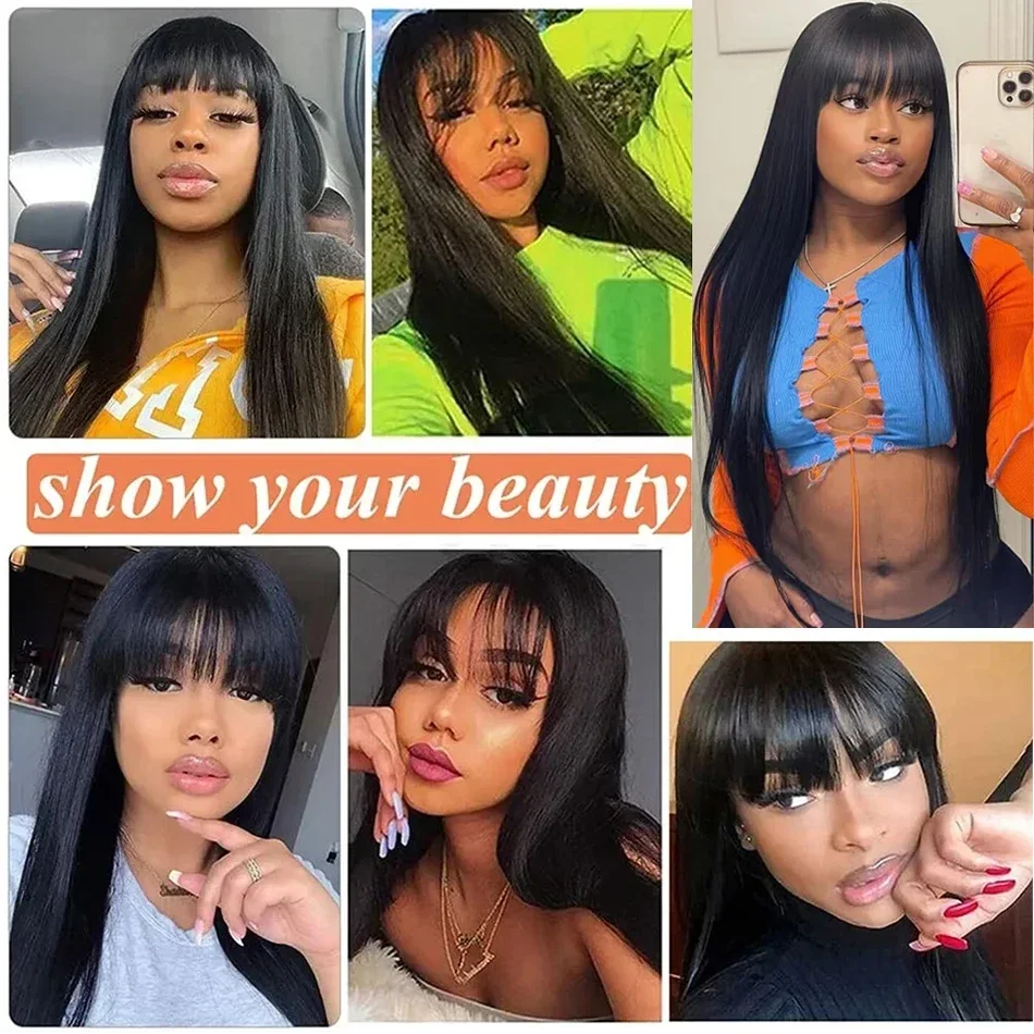 Straight Human Hair Wig With Bangs Remy Brazilian Full Machine Made Human Hair Bang Wig For Black Women