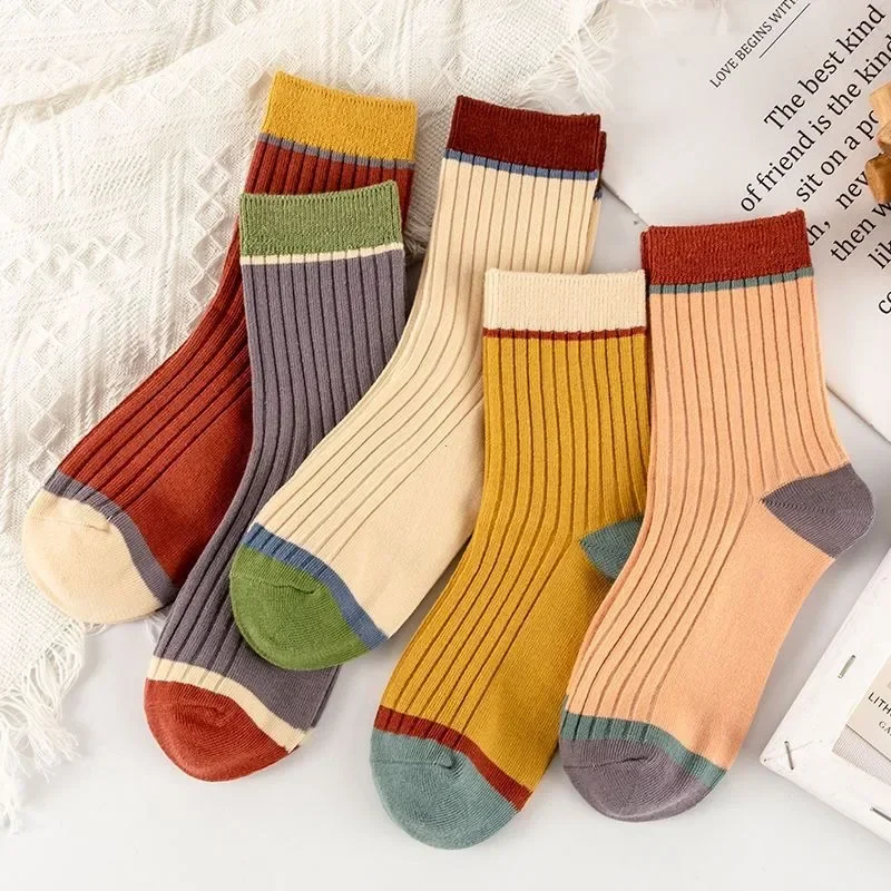 

5Pairs Solid Socks For Breathable Sweat-absorbent Women Striped Color Sock Harajuku Winter Mid-tube Retro Women Autumn Socks