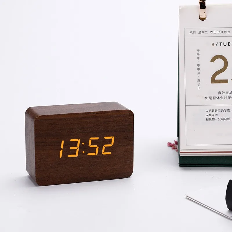 LED Desktop Clock Alarm Decoration Wooden Alarm Watch Table Voice Control Digital Wood Powered Electronic Desktop Clocks 6
