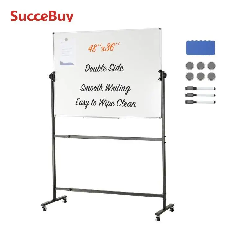 SucceBuy Rolling Magnetic Whiteboard Double-Sided Mobile Whiteboard 360&deg; Reversible Adjustable Height Dry Erase Board for School