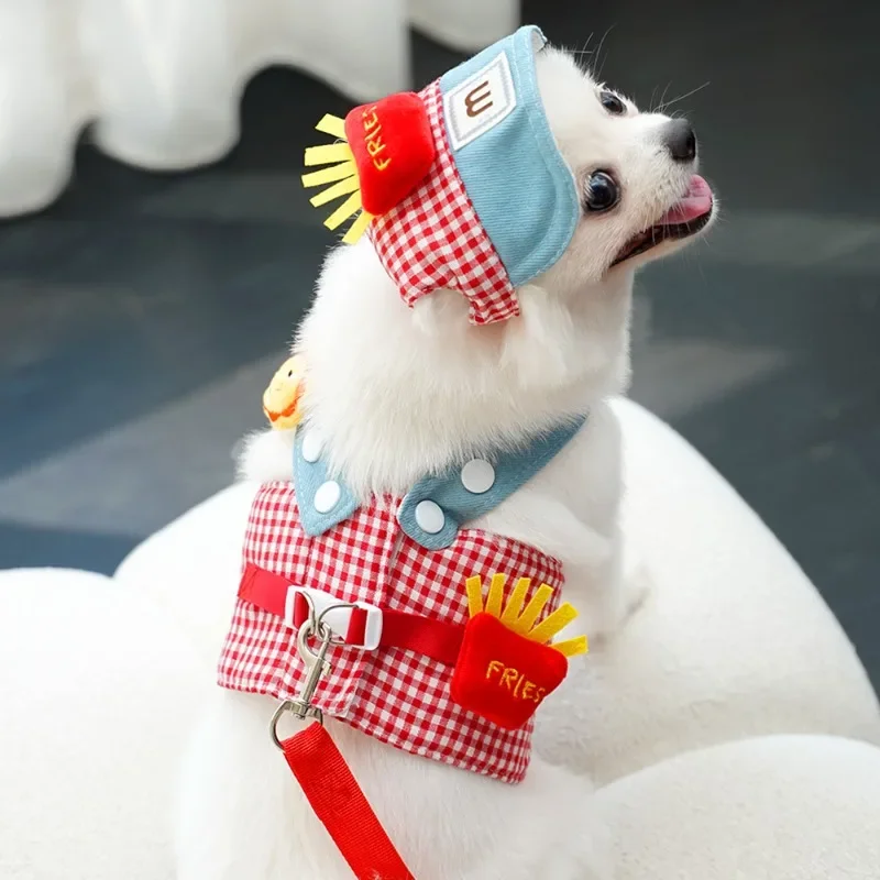 1/Set Fries Pet Harness Traction Rope Pet Wire Rope Pulling Cute Hat Three Piece Puppy Clothes Outgoing Pulling Harness Leash pet harness set pet harness leash set pet leash set