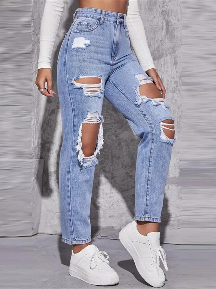 levis 501 Ripped Pants Women Mid-waist Zipper Buttons Summer Sexy Jeans With Hollow Ripper 2022 Fashion Style Women's Pants Casual Clothes maternity jeans