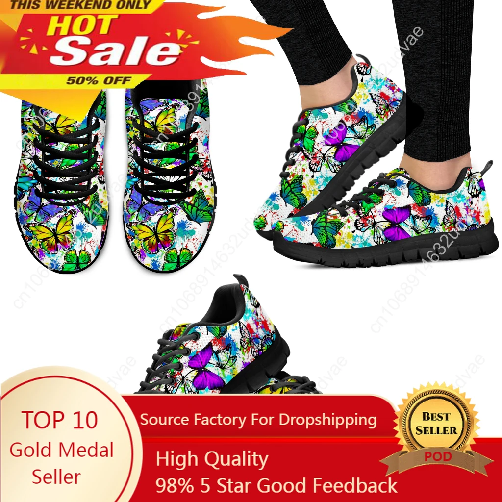 2022 New Fashion Girls Casual Sneakers Pretty Butterflies Gradient Tie Dye 3D Print Women Flat Shoes Lace up Zapatos