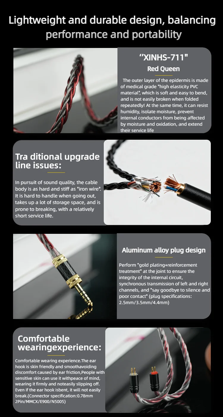 XINHS-711 8-adriges Hi-Fi-Kopfhörer-Upgrade-Kabel 0,78 mm MMCX Dual 3,5 mm für FiiO-, SIMGOT- und Moondrop-In-Ear-Kopfhörer – Detail 2