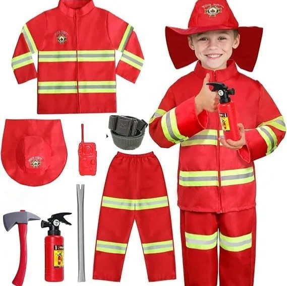 Red Fireman Sam Firefighter Cosplay Costume for Kids Boys Girls Halloween Christmas Birthday Gift Fire Dept Uniform Clothing