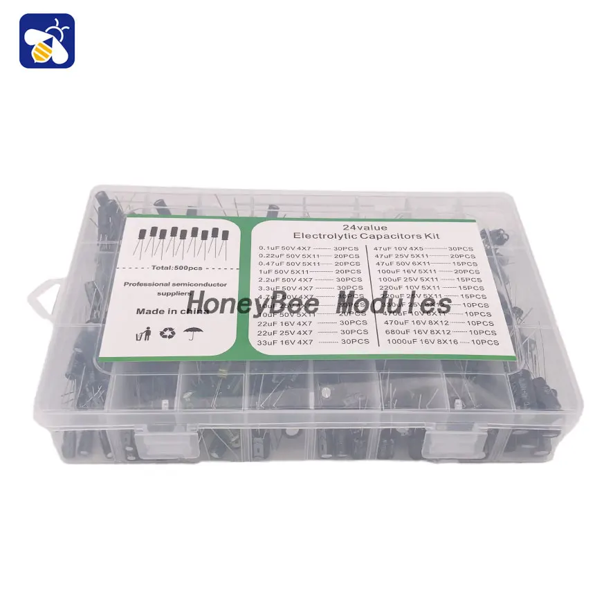 

24 specifications of a total of 500 mixed 0.1uF-1000uF aluminum electrolytic capacitors sample box packaging Send box