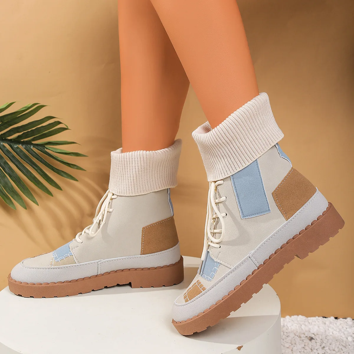 2025 Fashionable Sexy Lace Up Plus Size Work Boots for Women Winter Round Toe Thick Soled Comfortable Casual Mid Length Boots