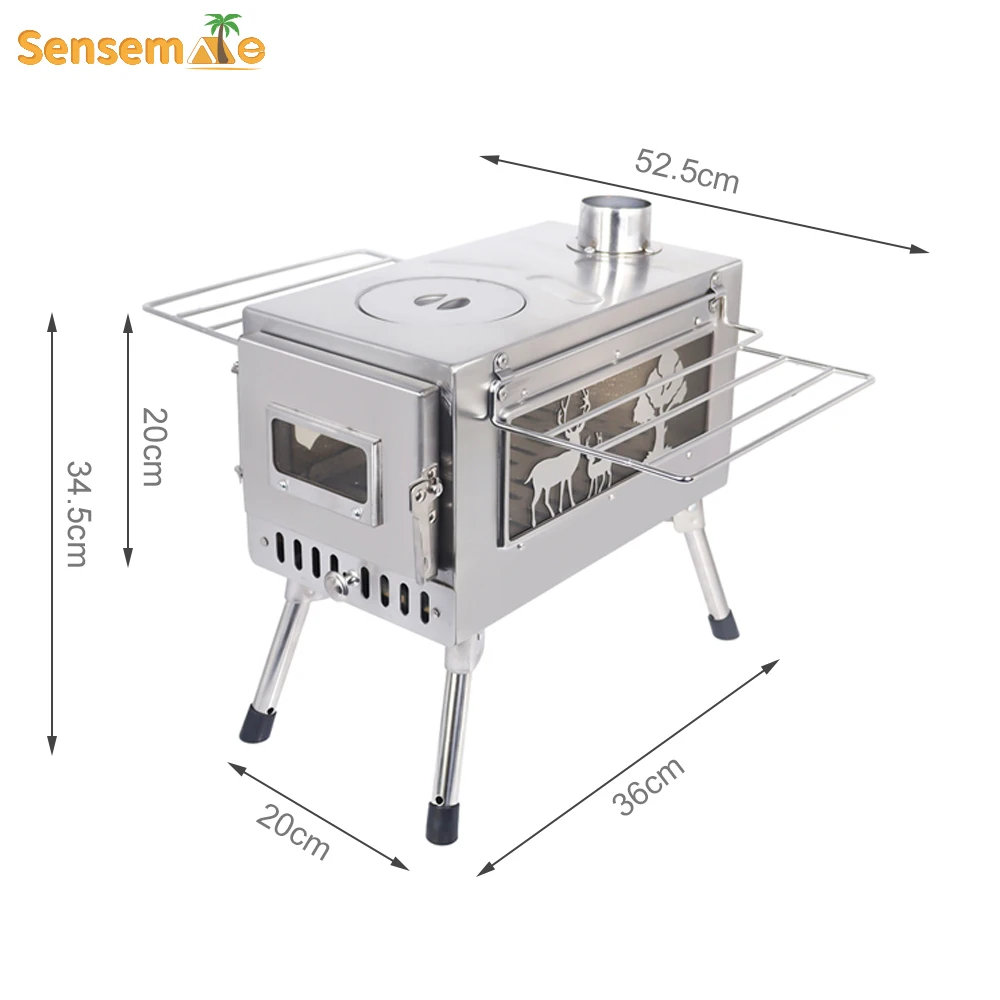 Outdoor Heating Stove Large Portable Fire Wood Stove 304 Stainless Steel Window Pipe For Tent Heater Cot Camping Ice-fishing Cooking Outdoor BBQ