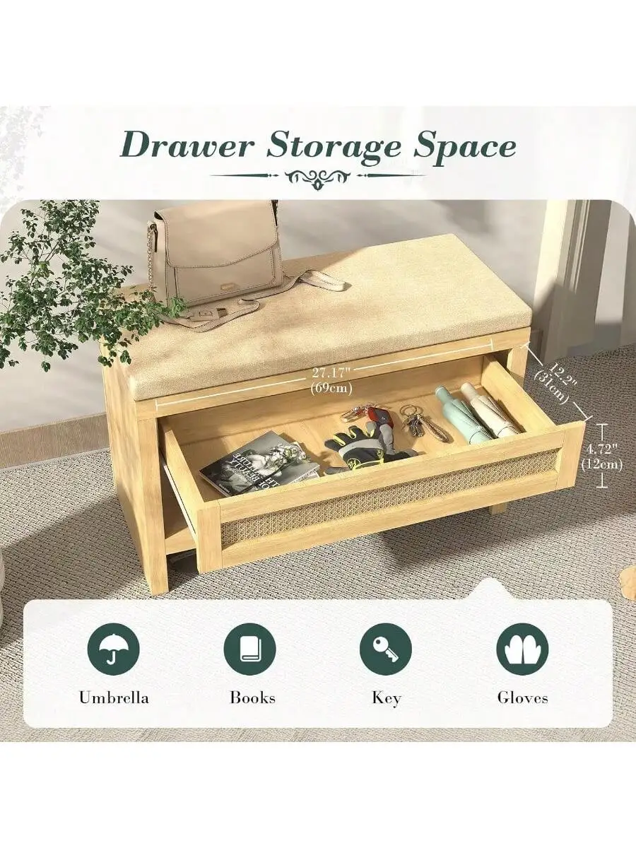 Apicizon Rattan Shoe Storage Bench Whith Cushion Thickened Wood Entryway Bench with Storage Drawer Farmhouse Shoe Rack B 5