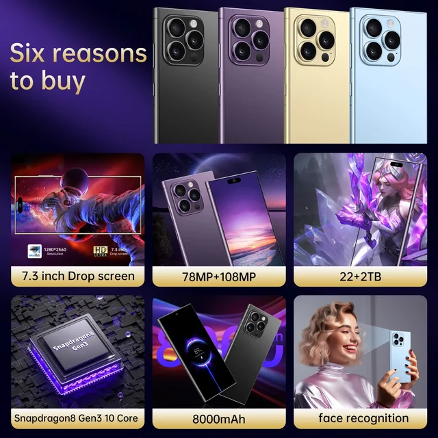 i15 Ultra Original Android 14 Mobile Phones 7.3 Inch Unlocked SmartPhone 78+108MP Camera Dual Sim 22GB+2TB 8000mAh 5G Celular 2