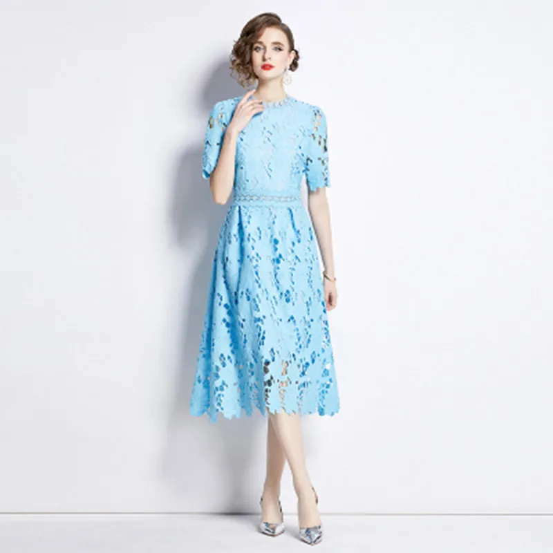 

Light Luxury High-End Fashion Slimming Lace Hollowed Out Embroidery Dress Women's O-Neck Short Sleeved Mid Length Summer Dresses