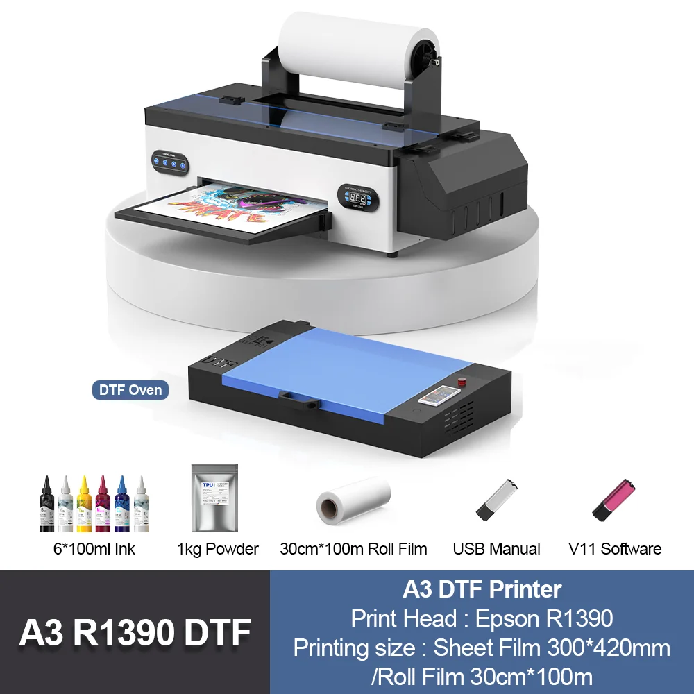 A3 DTF Printer with Epson R1390 Printhead Direct to Film DTF Printing Machine with Powder Shaker for Clothes T-Shirt Print