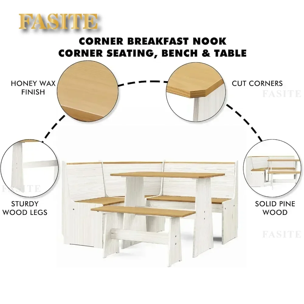 3/5PCS 2 Tone Natural/White Solid Wood Corner Dining Set, Reversible Breakfast Nook Urban Home Furniture