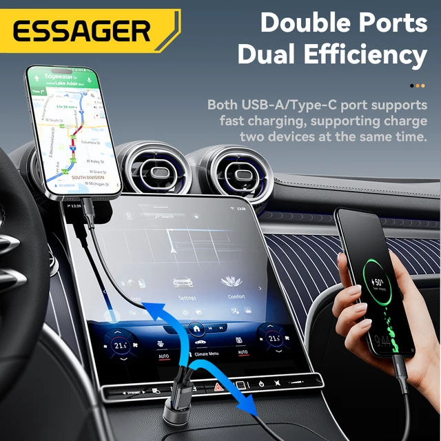 Essager USB C Car Charger 45W 2 Ports PD3.0 QC3.0 Digital Display Car Phone Charger For iPhone 16 15 Xiaomi Huawei Samsung OPPO 2