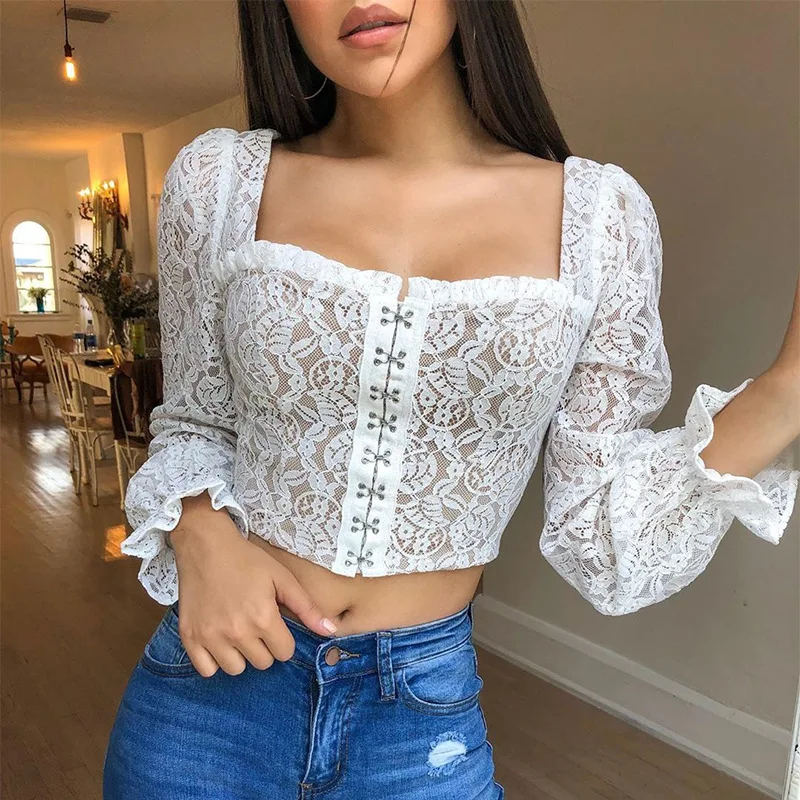

Summer Lace Crop Tops Camisa Feminina Black White Womens Long Puff Sleeve T Shirt Sexy Elegant Party Club Ladies Tops 2023 Tees