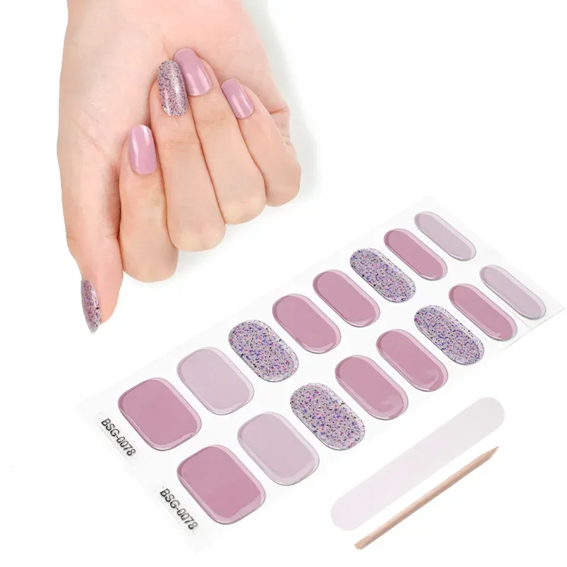 

16Tips Pure White/Pink/Nude Semi Cured Gel Nail Stickers Long-lasting Cream Nail Strips Patch Slider UV Lamp Cured Decal