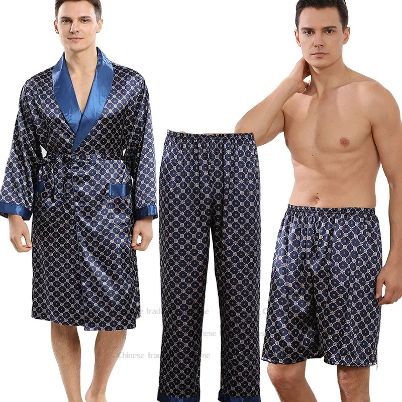 Men's Red Dragon Print Pajamas Set Loose Kimono Top Pant Shorts Silk Satin Nightwear
