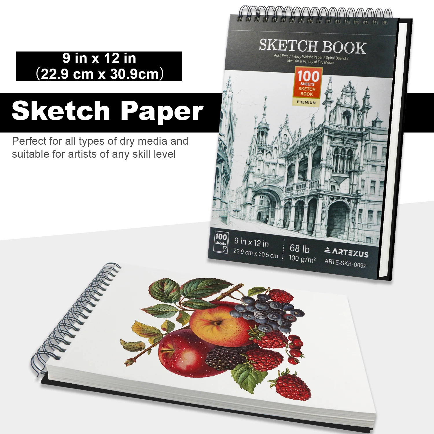 Sketch Book 9" x 12" Top Spiral Bound Sketch Pad 100 Sheets 68lb/100gsm Drawing Paper 1 Pack
