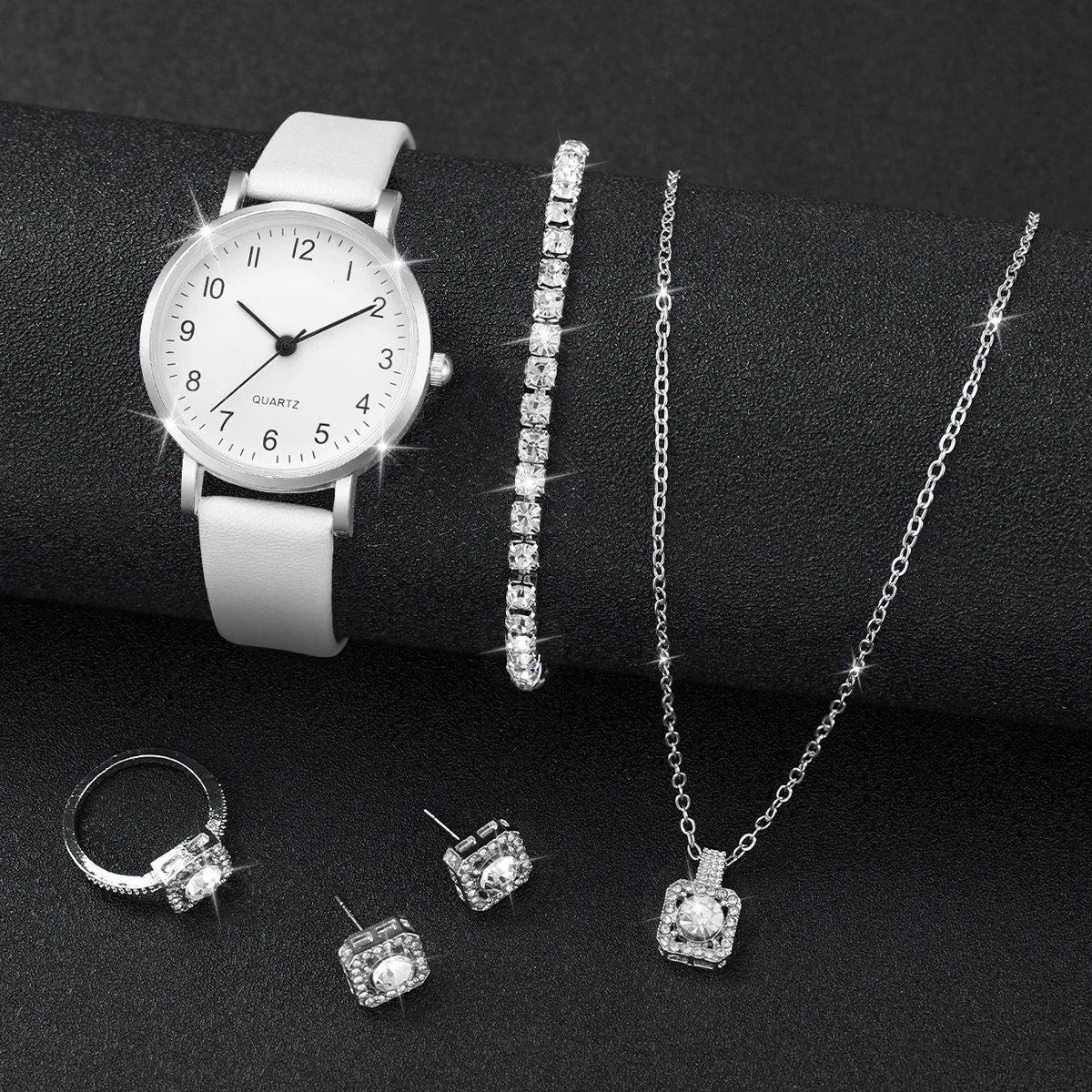 Ladies High end Temperament Watch Jewelry Set Silver Square Diamond Jewelry Digital Watch 6-piece Set