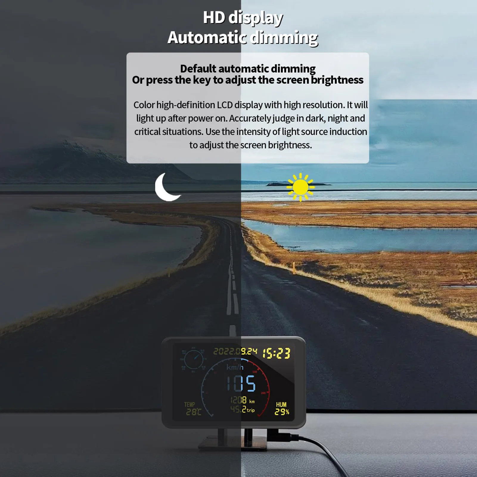 Car HUD Display Car Head Up Display Speed Gauges Speed Meter Car Display Screen Car GPS Speedometer Odometer 4.7 inch LCD Display HUD HD Display with Over Speeding Alarm Function for All 5-24V Vehicle